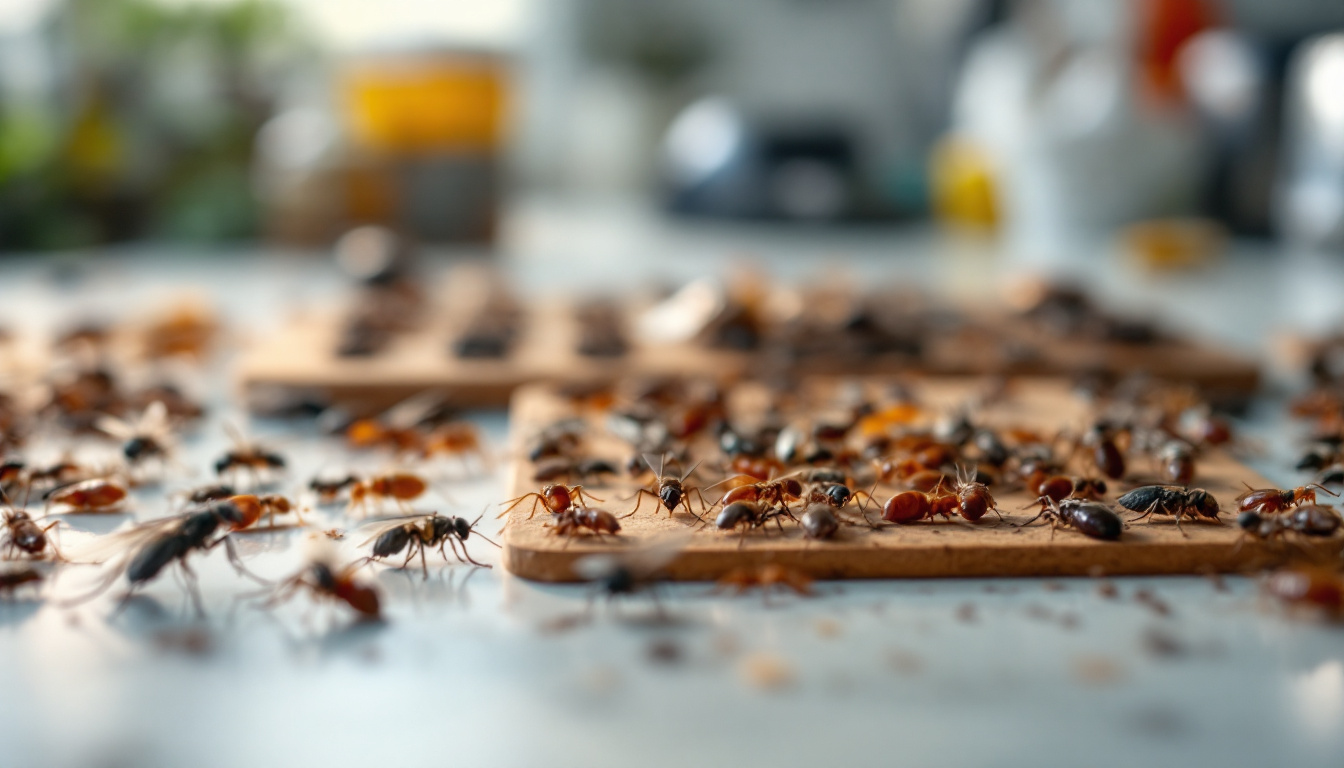 A large group of ants swarming sticky traps placed on a kitchen counter, indicating a severe indoor infestation.