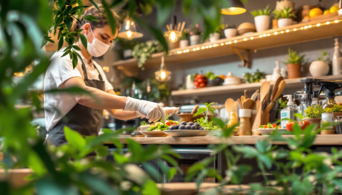 A masked chef arranges fresh vegetables and berries on a plate in a bright kitchen framed by lush green plants.