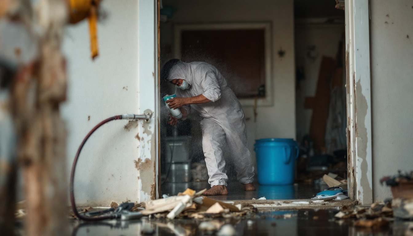 A person in protective coveralls sprays disinfectant or pesticide inside a flood-damaged home.