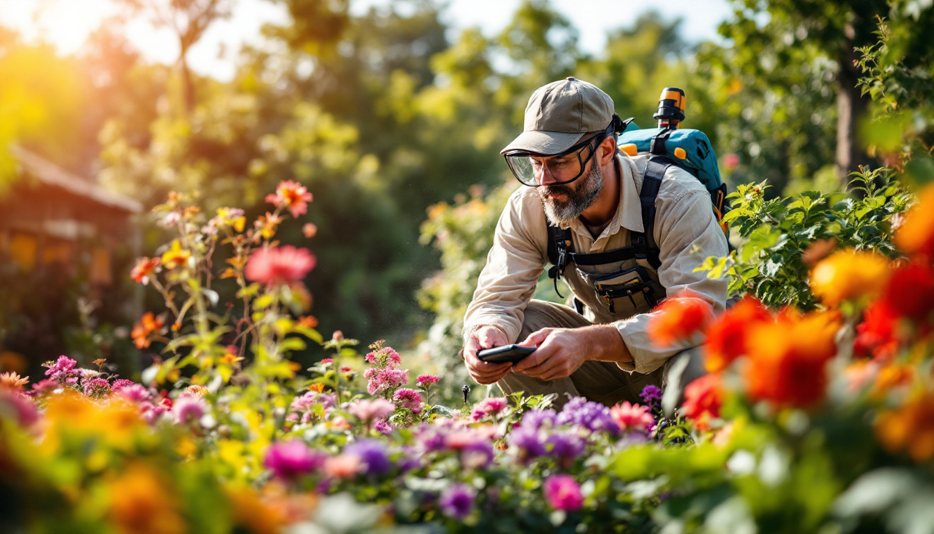 A pest control professional in safety gear examines flowers in a vibrant garden, holding a smartphone or device.