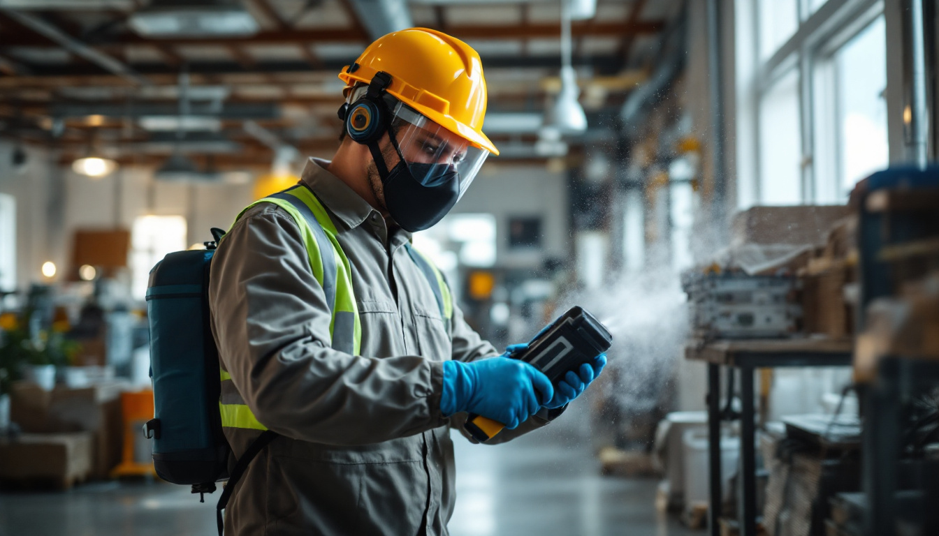 A pest-control technician in a yellow hard hat, safety goggles, face mask, high‑visibility vest, and blue gloves holds a backpack sprayer, emitting a fine mist over warehouse shelving and crates