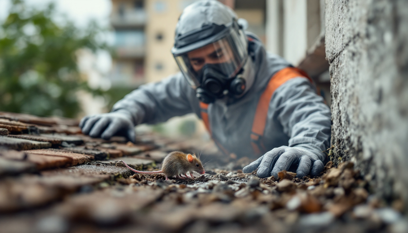 A pest control technician in protective gear reaches toward a rat on a rooftop during an extermination.