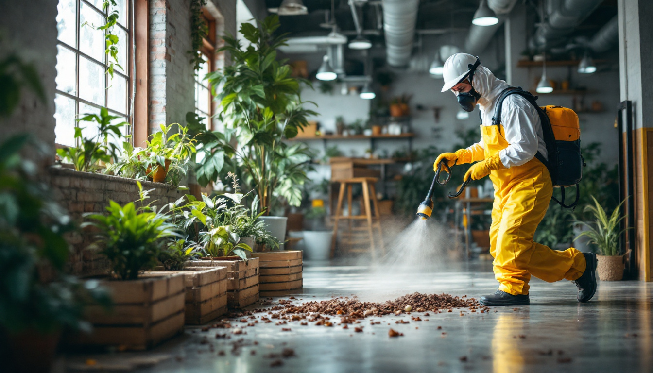 A pest control technician in protective gear spraying treatment on the floor inside a plant-filled workspace.