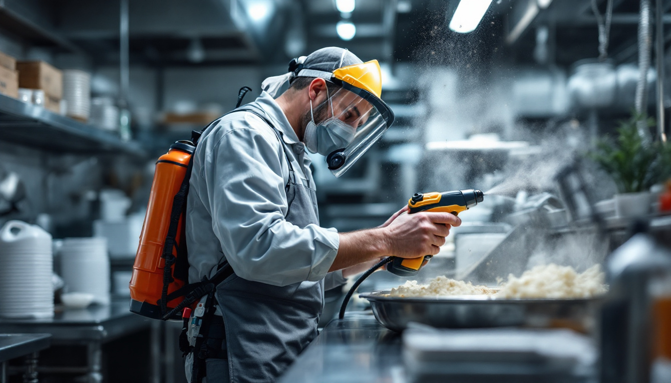 Pest Control worker in protective gear spraying chemical inside a restaurant