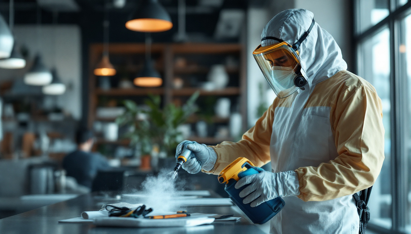 A pest control worker in protective gear spraying disinfectant on a countertop inside a modern space.