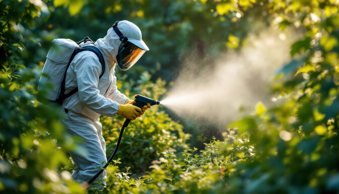 A pest control worker in protective gear spraying insecticide in a green outdoor area.