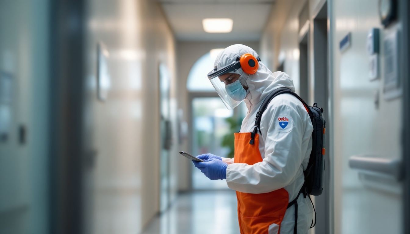 A professional in protective gear and an orange vest checks their phone while standing in a sterile hallway.