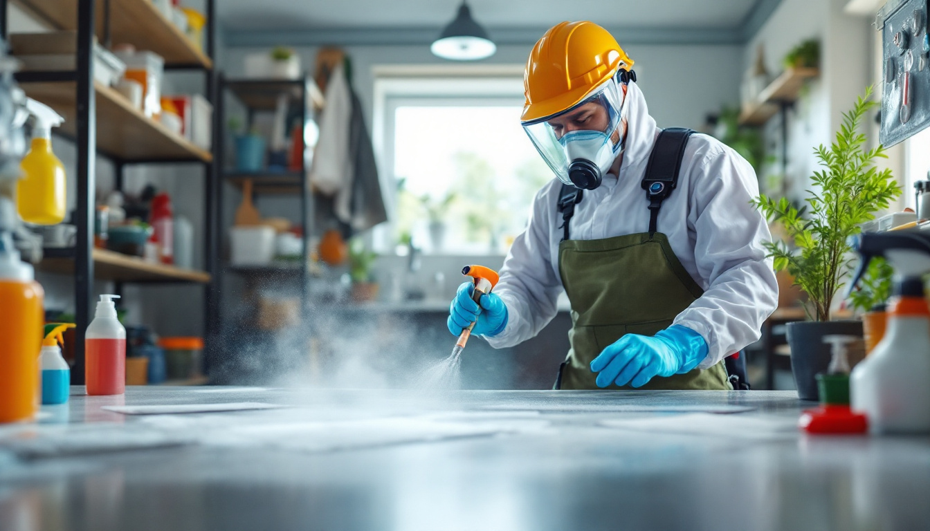 A sanitation worker in protective gear including a hard hat and respirator disinfecting a table