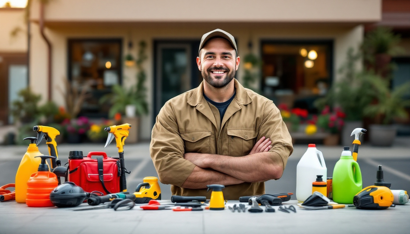 Smiling technician in a brown uniform standing with arms crossed