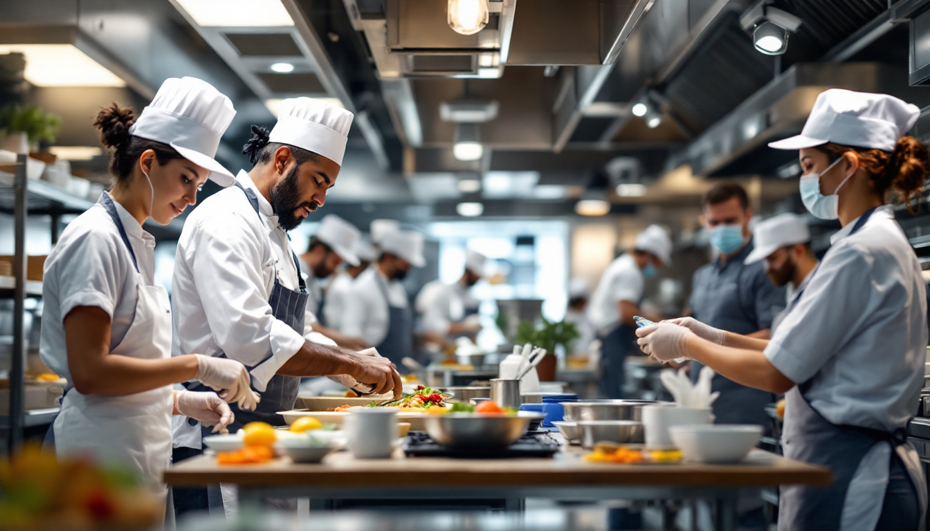 A team of chefs in white uniforms and hats collaborating as they plate colorful dishes in a busy kitchen.