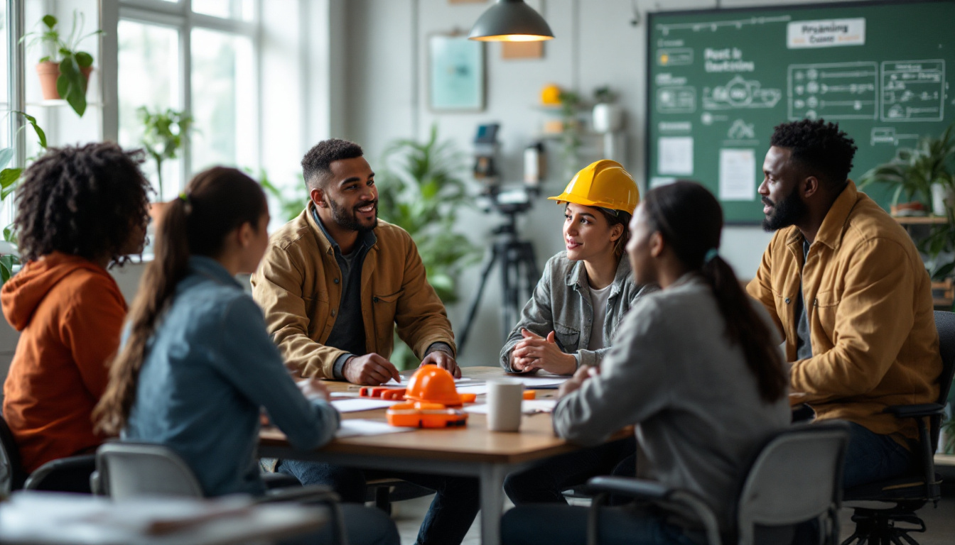 A team of construction workers gathered around a table for a meeting.