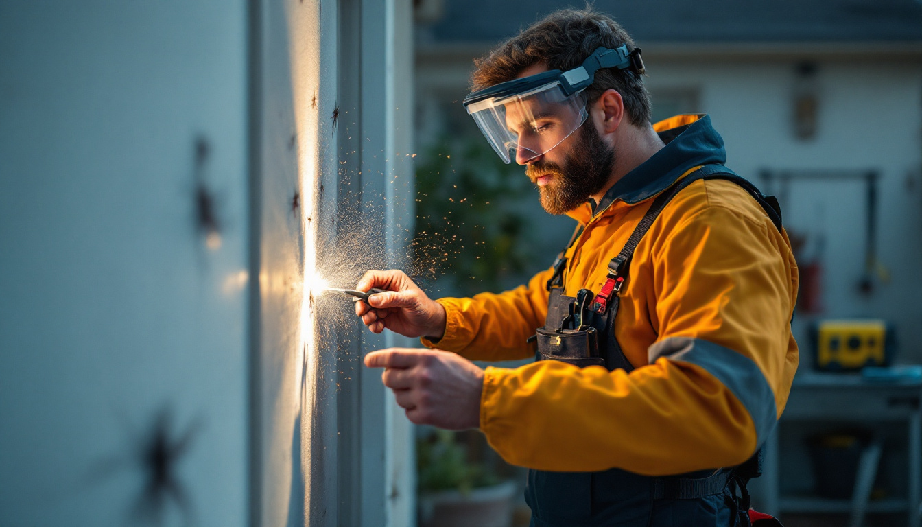 A technician in safety gear uses a metal tool to inspect or weld a bug-infested wall, with sparks flying.