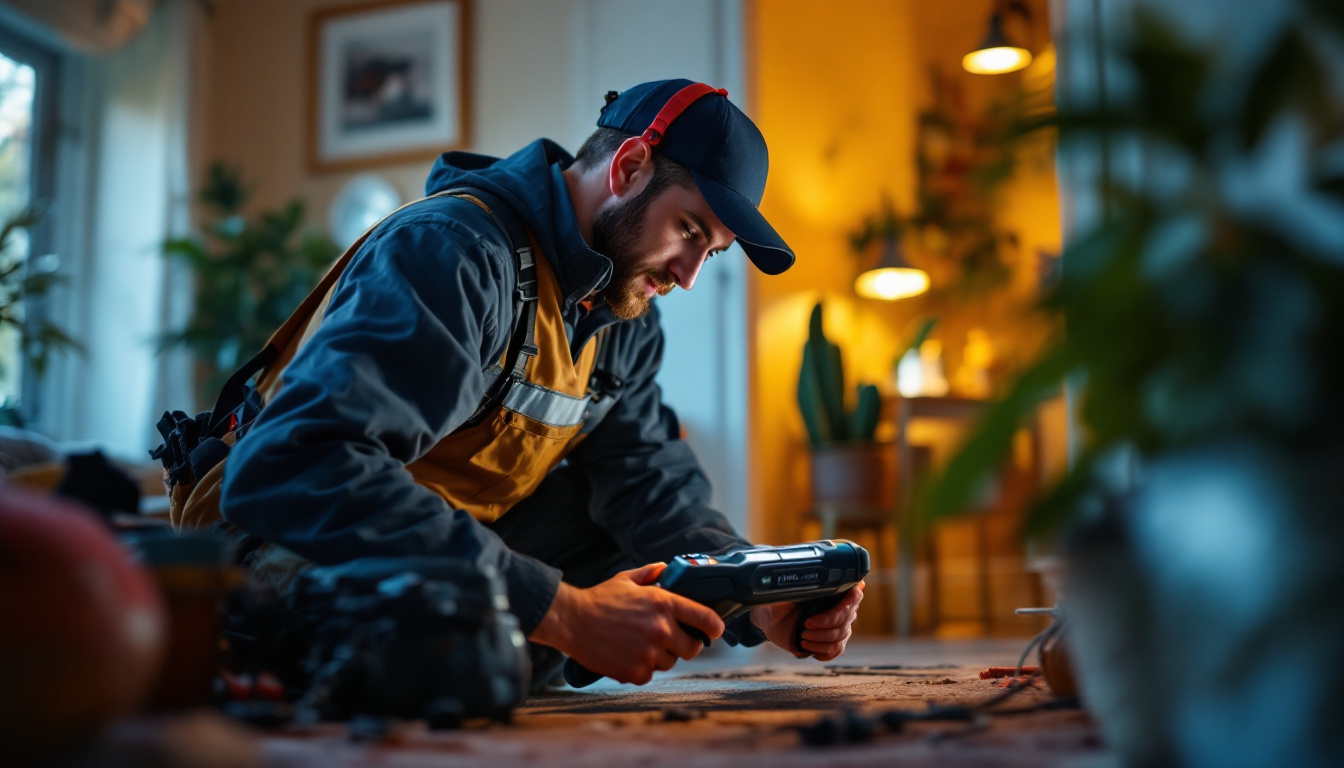 A technician wearing a cap, protective overalls, and red earmuffs kneels on a carpeted floor in a living‑room setting, carefully examining a handheld electronic pest‑detection device