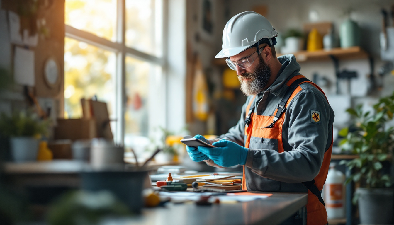A worker in a yellow hard hat, face shield, and medical mask carefully operates a yellow power tool in a cluttered workshop or warehouse.