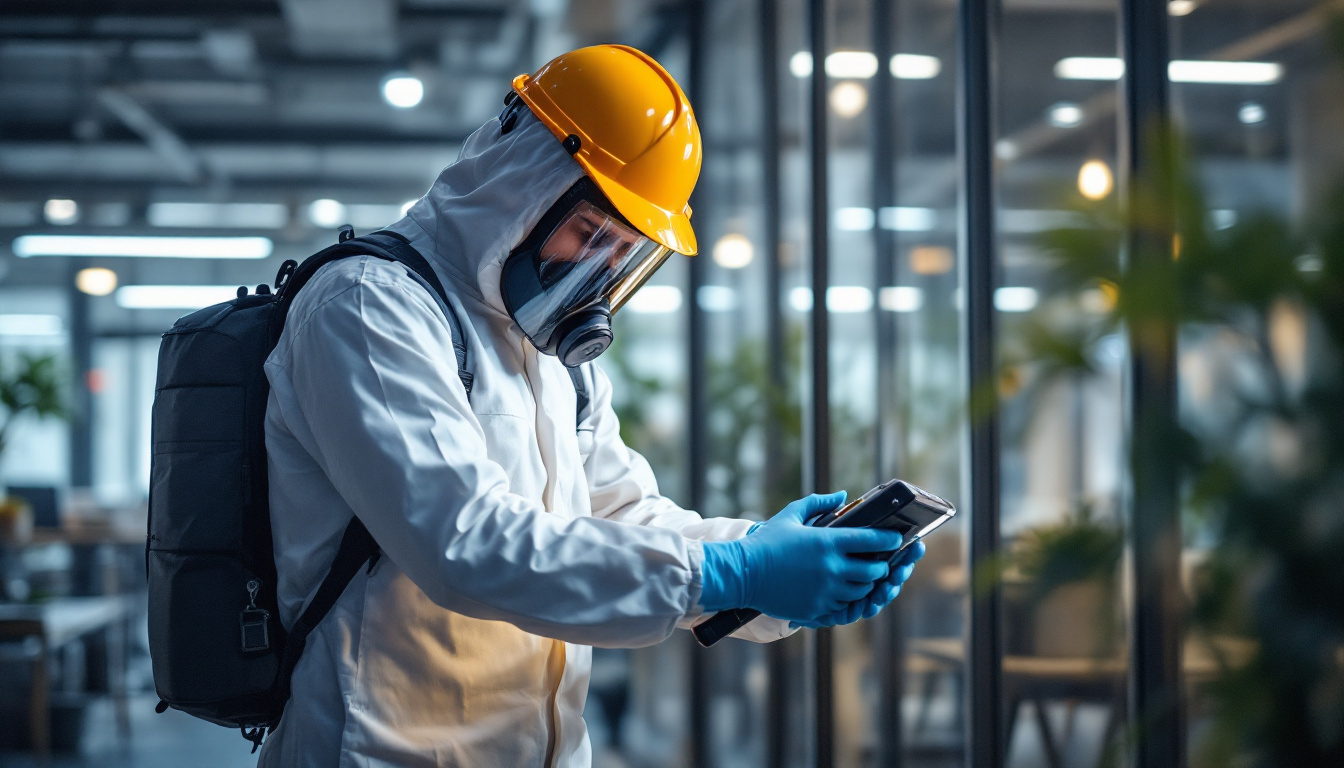 A worker in white hazmat suit and helmet examines a handheld device in a modern indoor office environment.