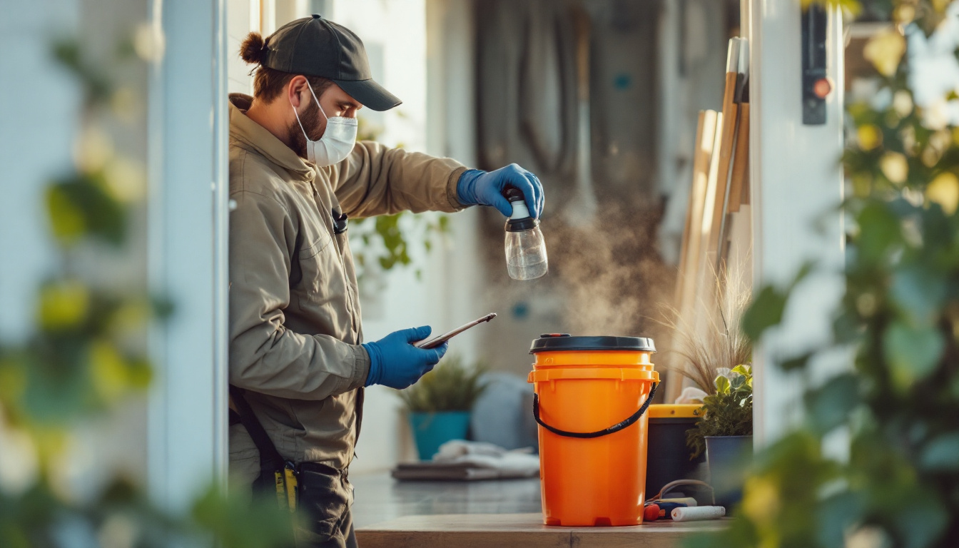 A worker wearing a mask and gloves holds a jar while standing next to an orange fumigation container.
