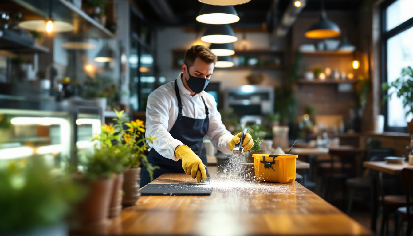 A worker wearing gloves and a mask sanitizes a restaurant table under soft pendant lights, surrounded by plants.