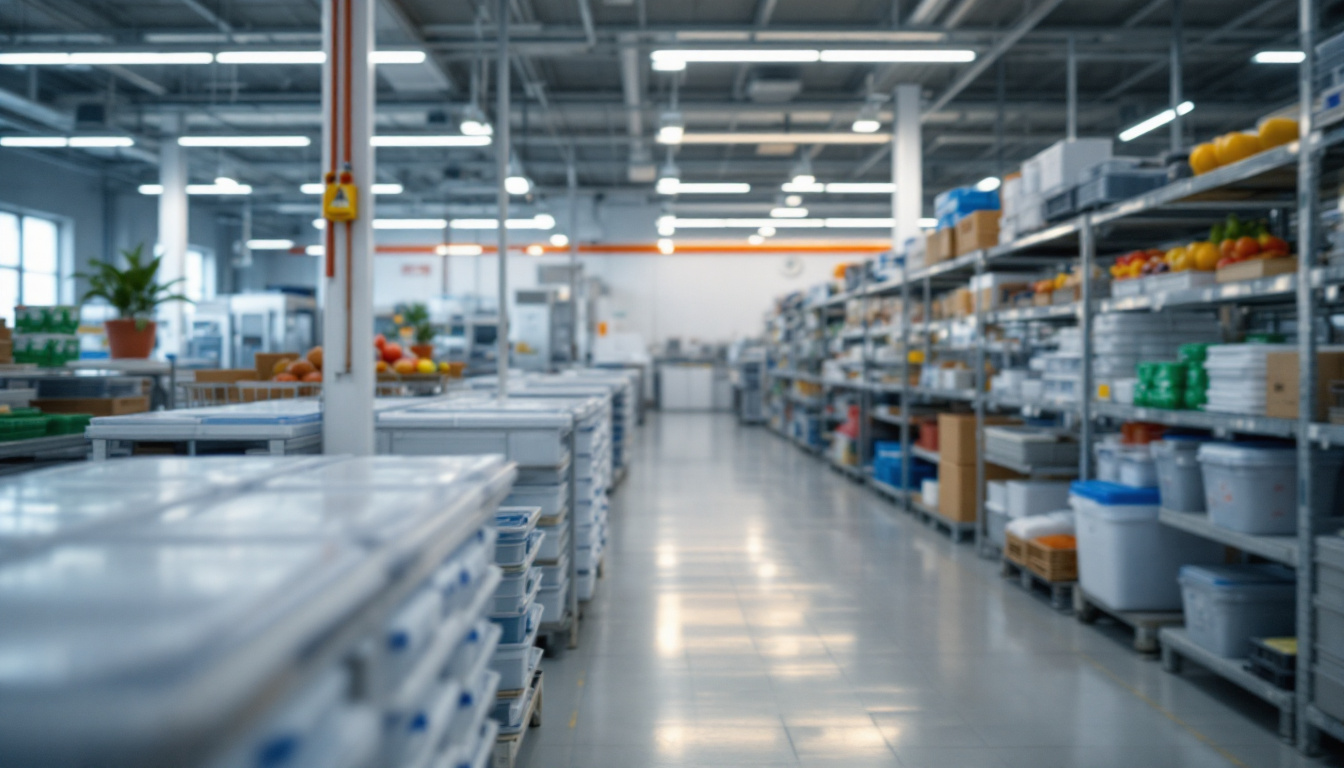 Aisle of a modern food-processing facility showing rows of plastic storage tubs and stocked metal shelves fading into the distance