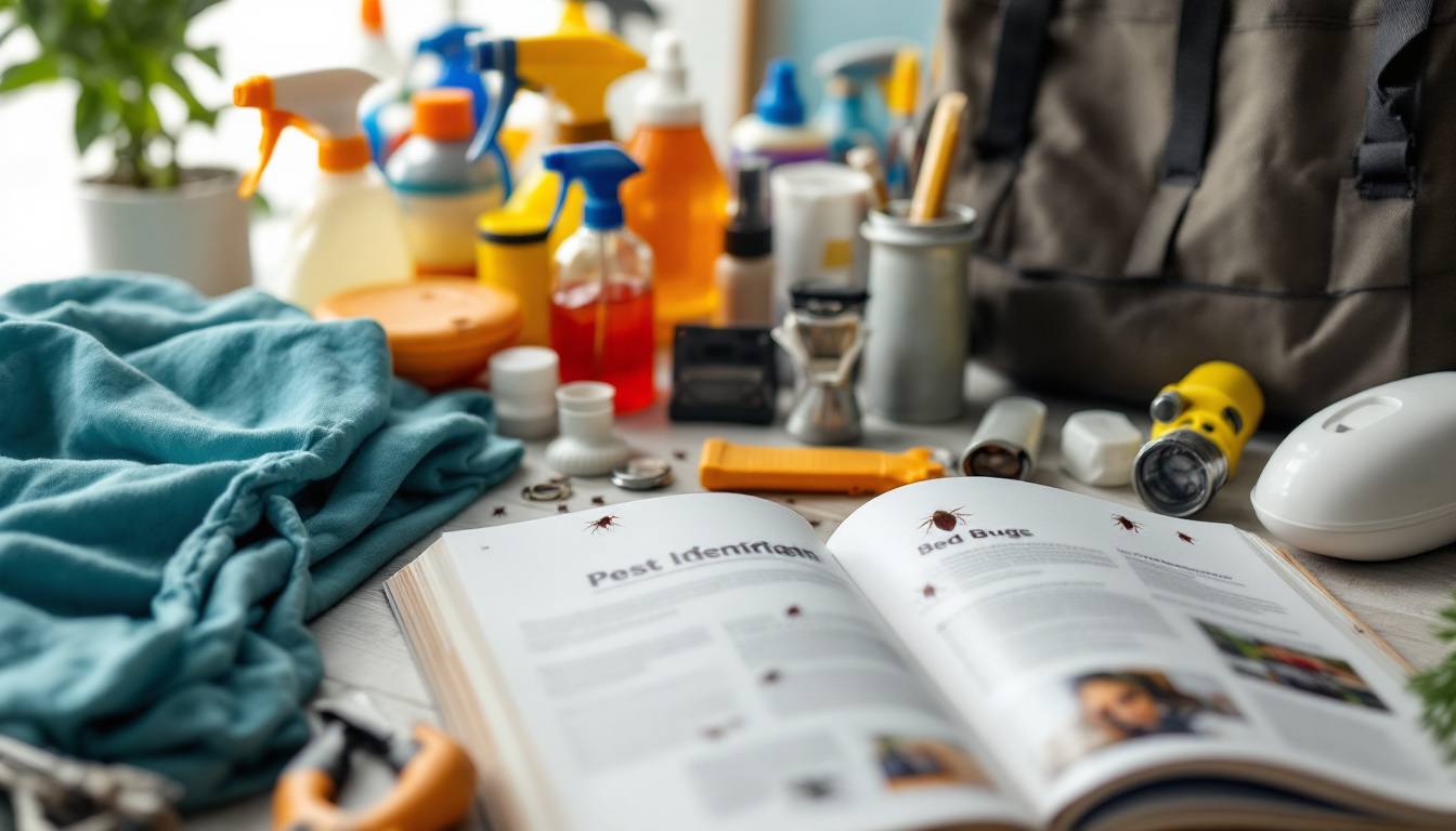 An open pest identification book showing bed bugs, surrounded by pest control tools and supplies on a table.