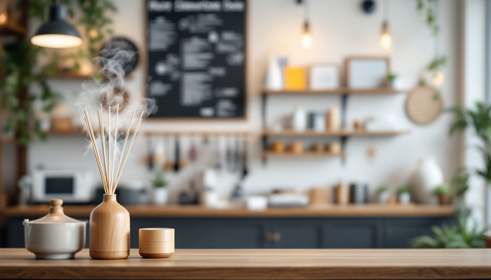 Aromatic reed diffuser releasing steam on a wooden counter in a bright, modern kitchen.