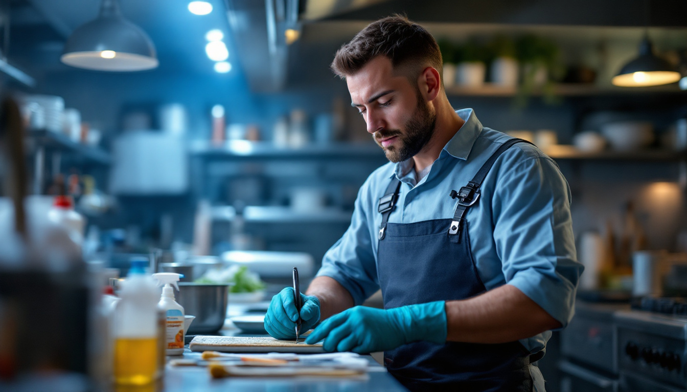 Bearded chef in a professional kitchen, wearing a blue apron and gloves, carefully slicing food on a prep station under cool overhead lights.