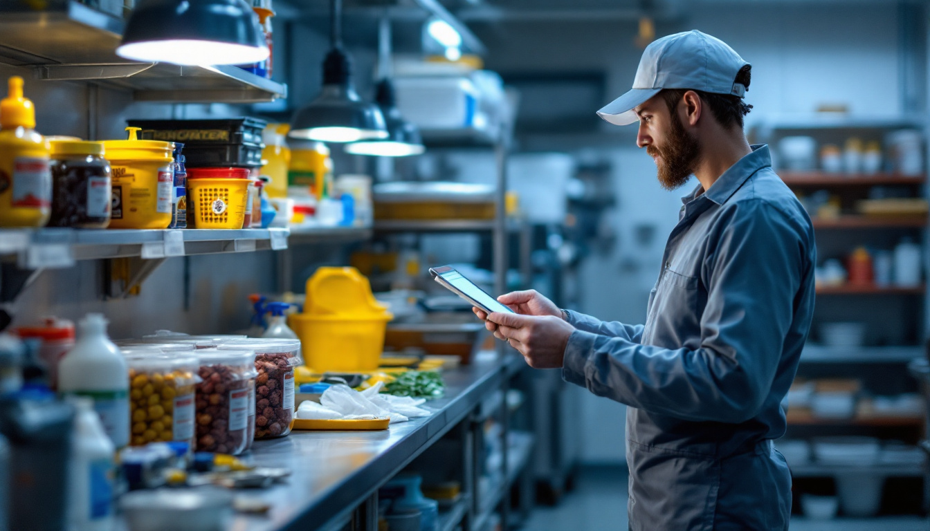 Bearded inspector in a cap and coveralls checking a tablet