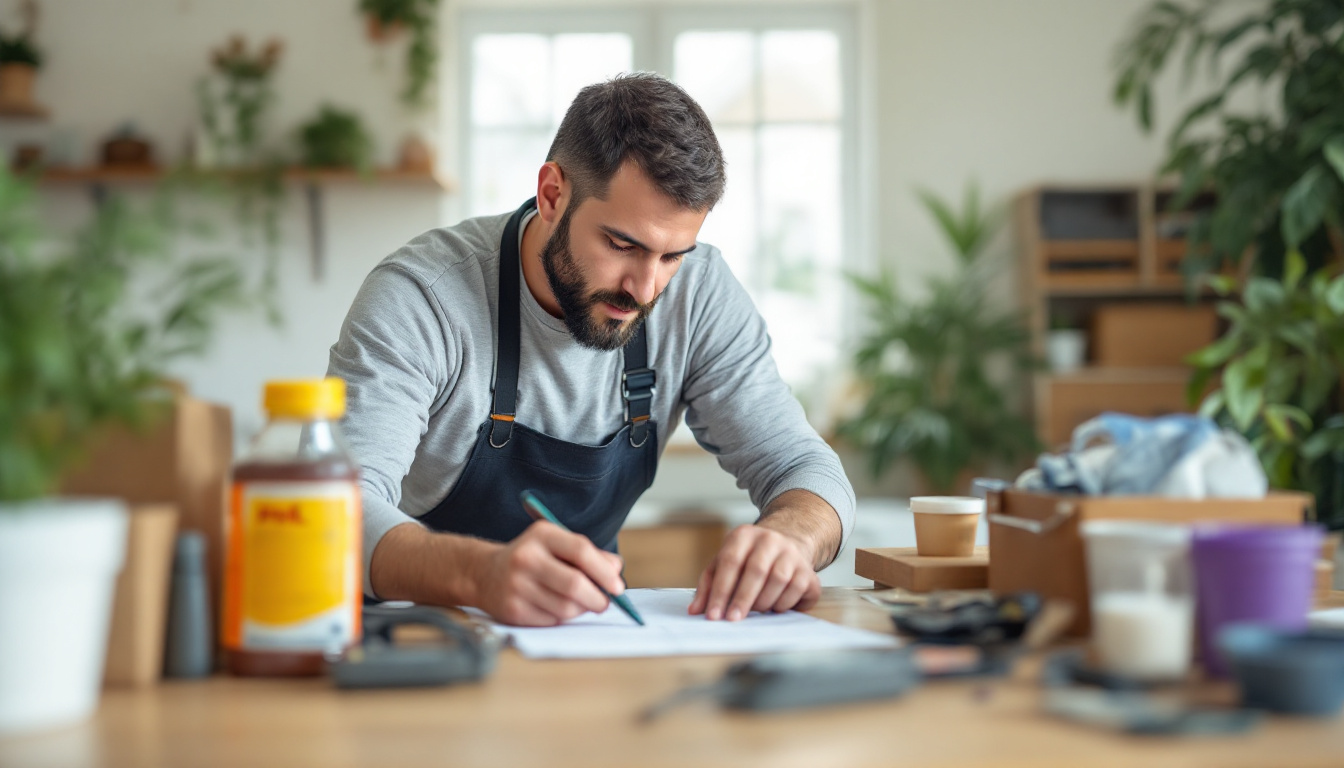 Bearded man in a workshop apron writing on paper at a cluttered desk with packaging materials and a drink bottle