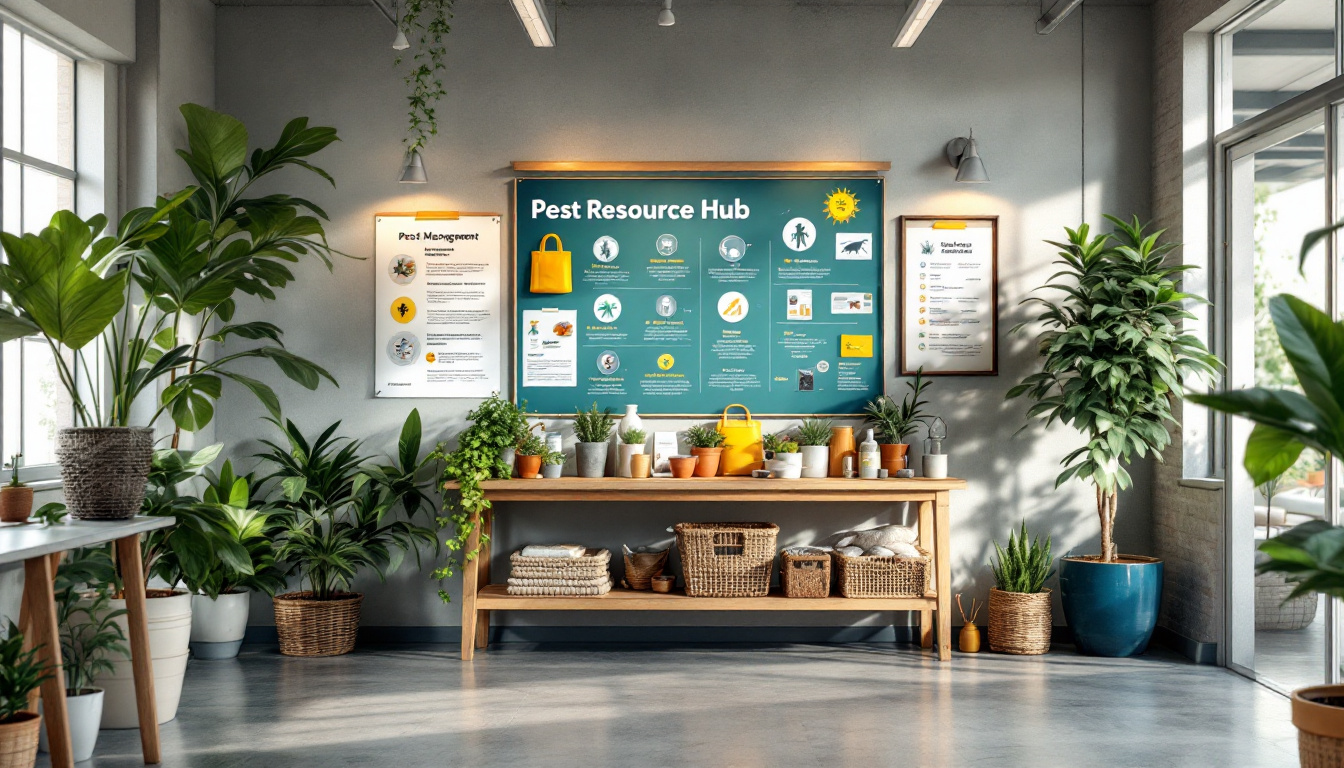 Bright indoor space with a large “Pest Resource Hub” display surrounded by potted plants and wicker baskets.