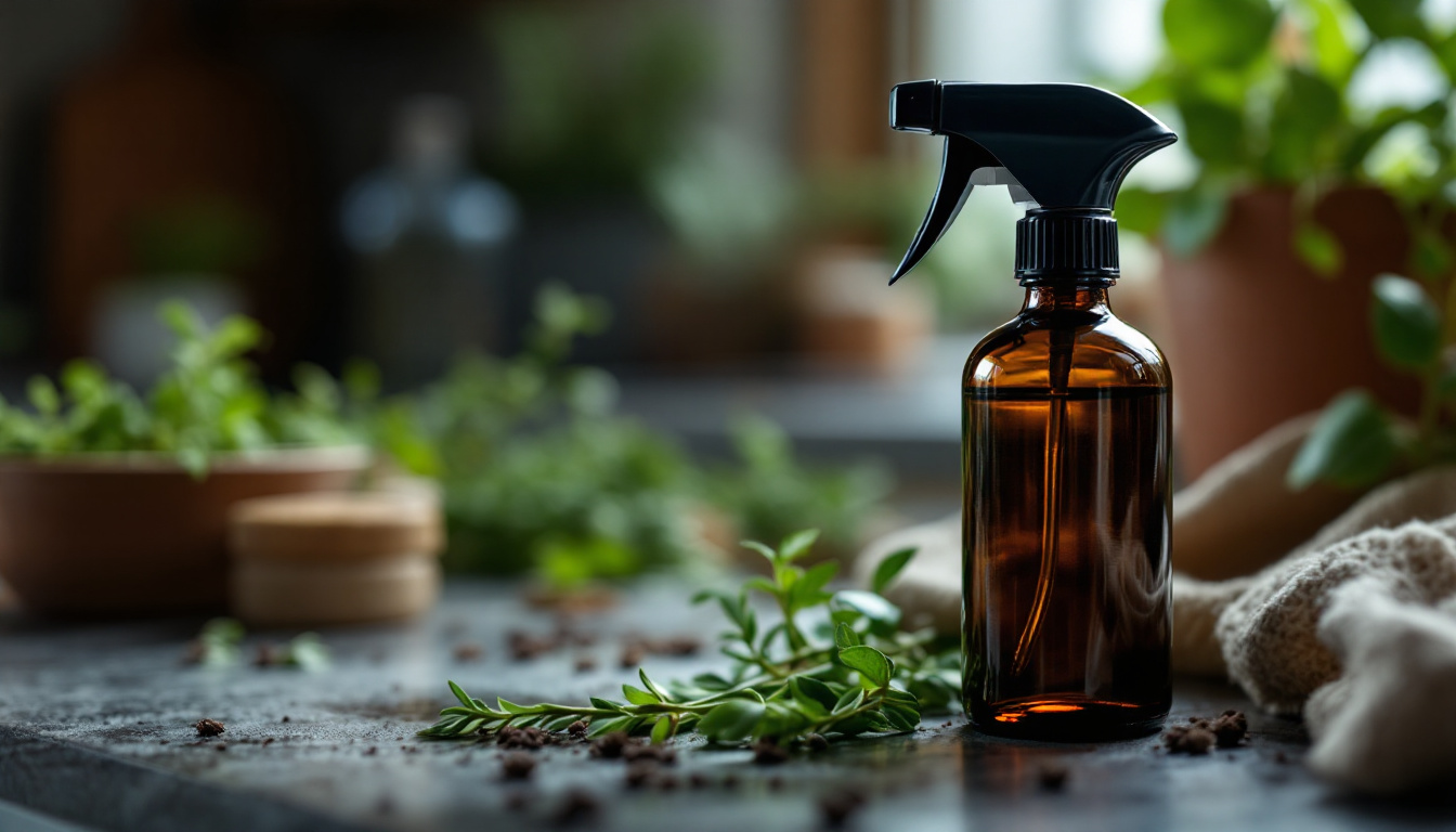 Brown spray bottle with green herbs on a kitchen counter in natural light.