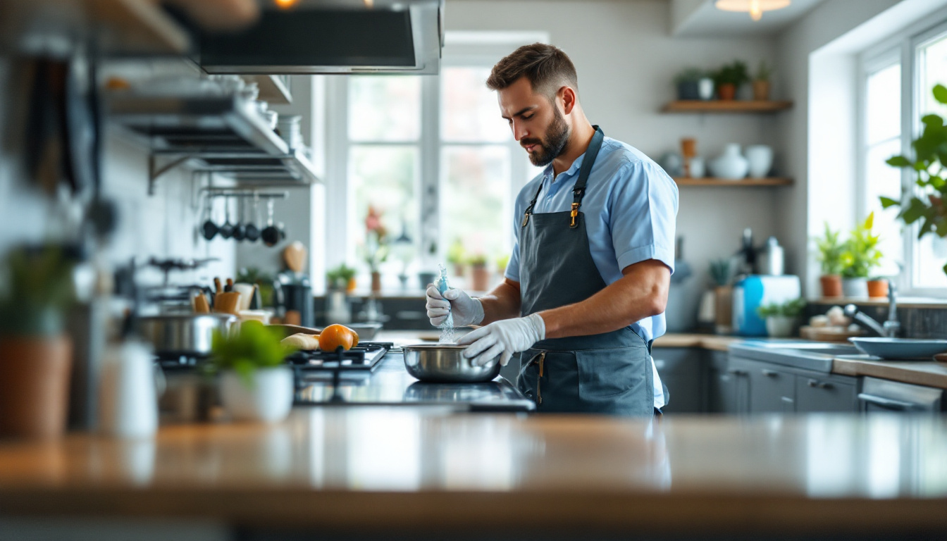 Chef in a clean, modern kitchen wearing gloves and apron while preparing food over a stove
