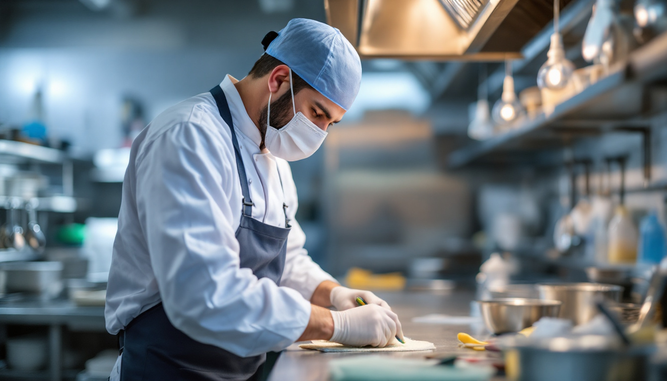Chef in mask, cap, and apron carefully slices food on a prep station under bright stainless-steel kitchen lights.