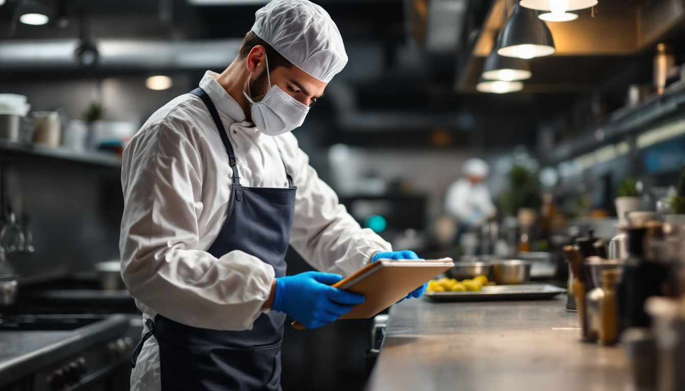 Chef in mask, gloves and apron reviews a digital tablet while standing at a stainless-steel prep counter.