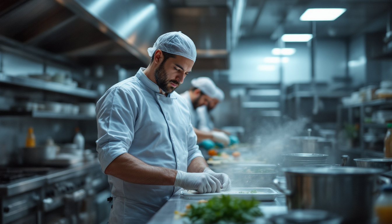 Chef wearing gloves and a hairnet preparing food in a professional kitchen with steam rising from pots in the foreground