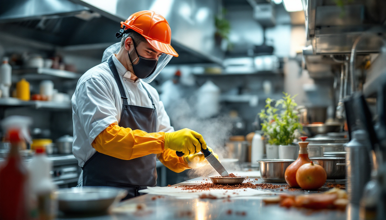 Chef wearing orange hard hat, yellow gloves, and face mask chops steaming food at a busy stainless prep station.