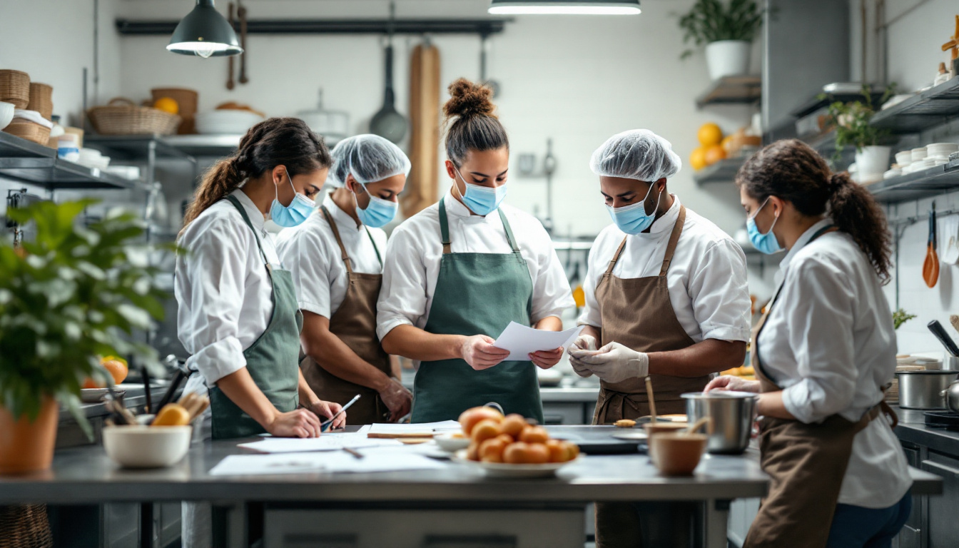Chefs wearing masks and aprons reviewing papers together in a commercial kitchen.