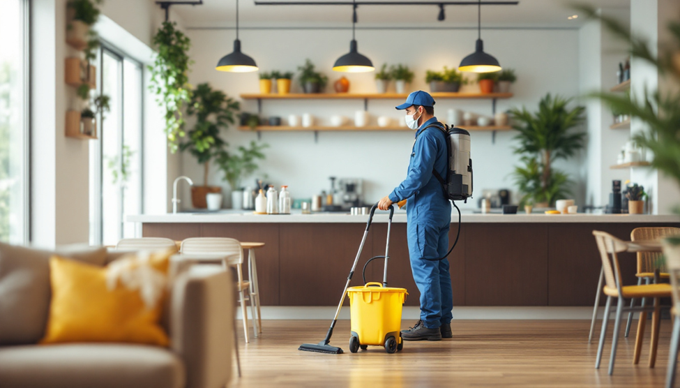 Cleaning professional in blue uniform with equipment disinfecting a kitchen area.