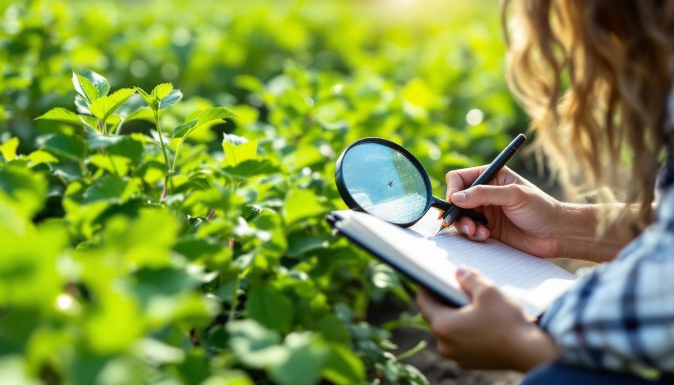 Close-up of a person using a magnifying glass to inspect crop leaves while taking notes on a notepad.