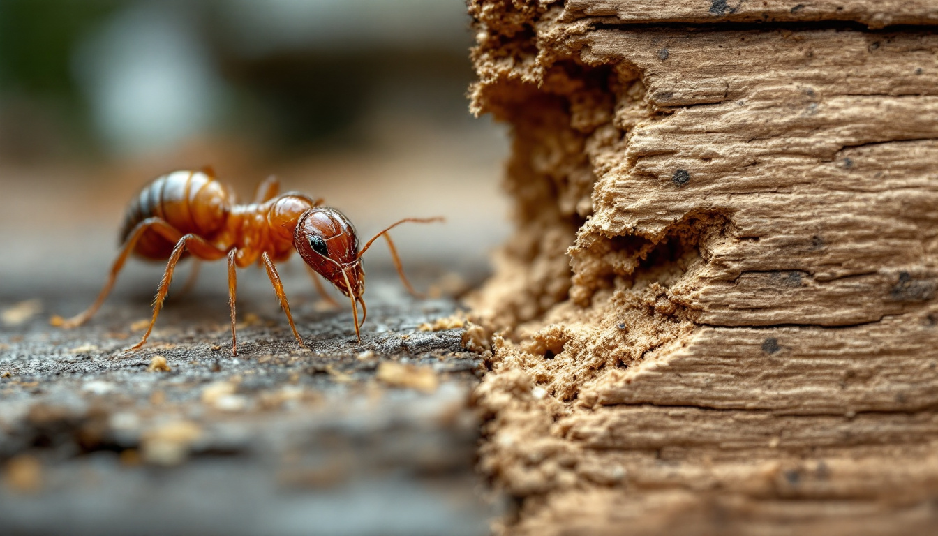 Close-up of a reddish-brown termite crawling on damaged wood.
