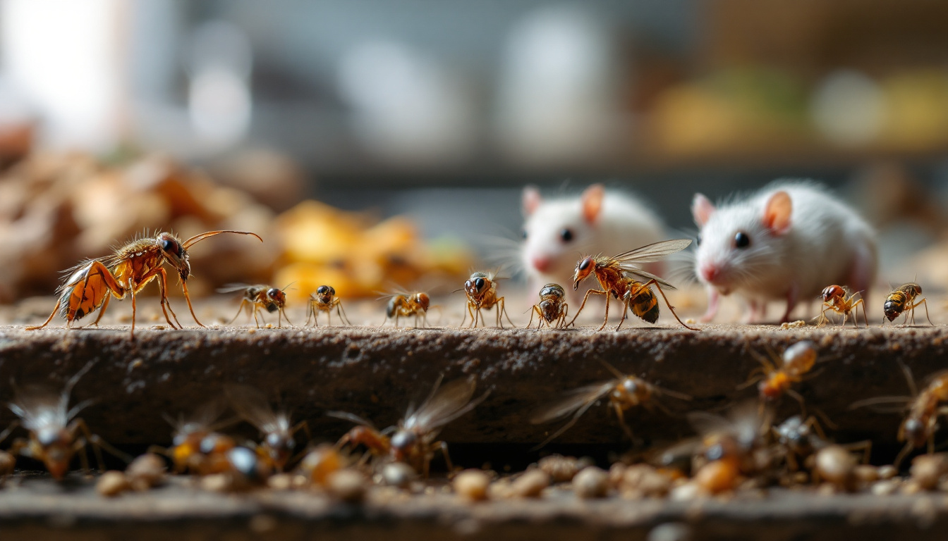 Close-up of ants and flying insects on a dirty surface with two small white mice in the background.