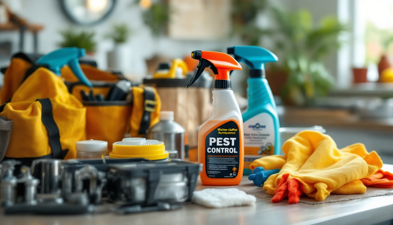 Close-up of assorted pest-control supplies—spray bottles, yellow cleaning cloths, gloves and tool bags—arranged on a countertop.