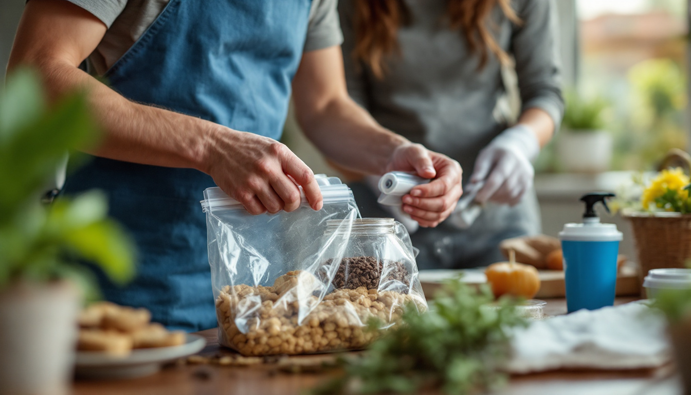 Close-up of baker in blue apron sealing a clear bag of cookies and chocolate chips on a busy countertop