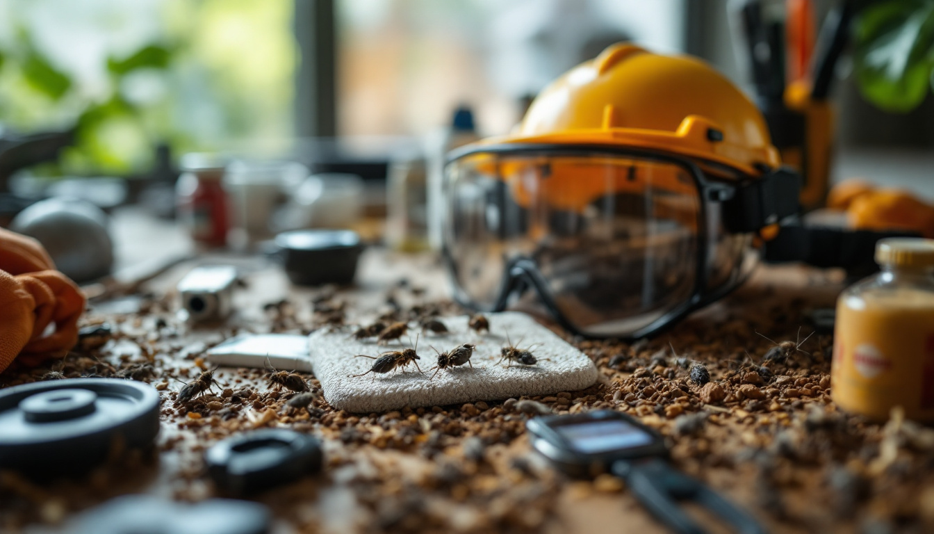Close-up of cockroaches on a workbench surrounded by pest control tools.