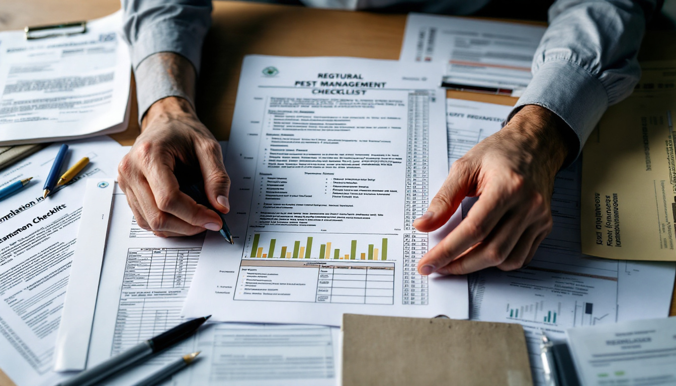 Close-up of hands holding a pen over a detailed “Regular Pest Management Checklist,” with bar-chart data and other paperwork spread across the table.