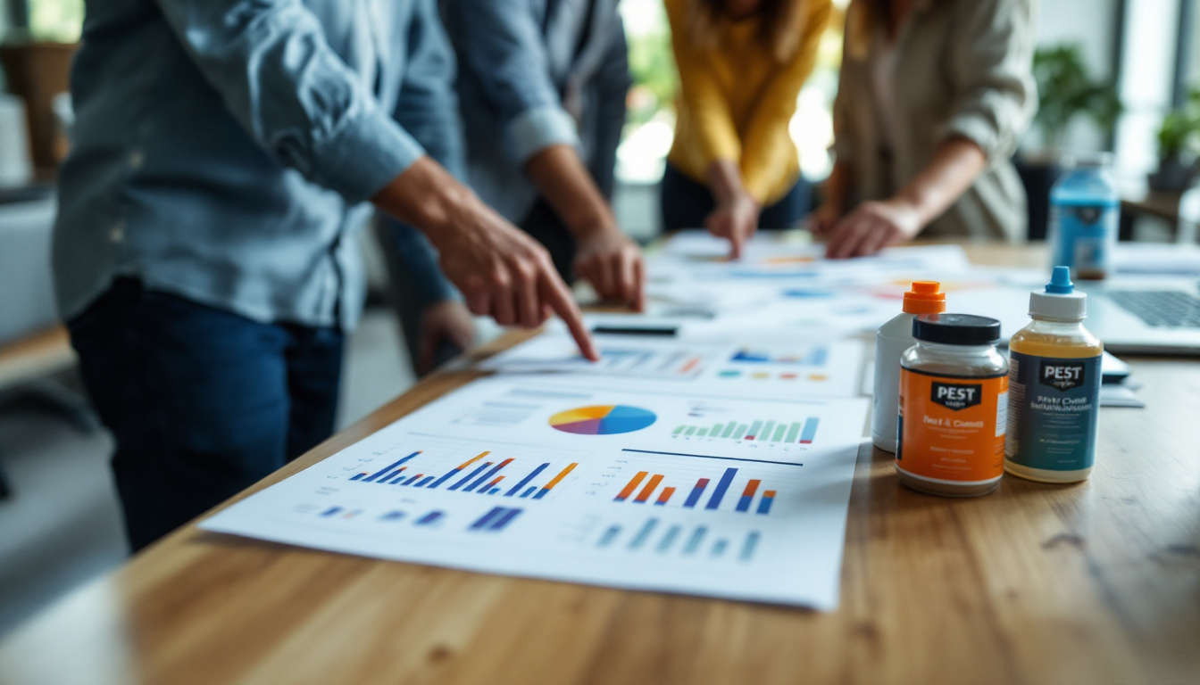  Close-up of people pointing at colorful charts and graphs spread across a table, with pest control products visible in the foreground.