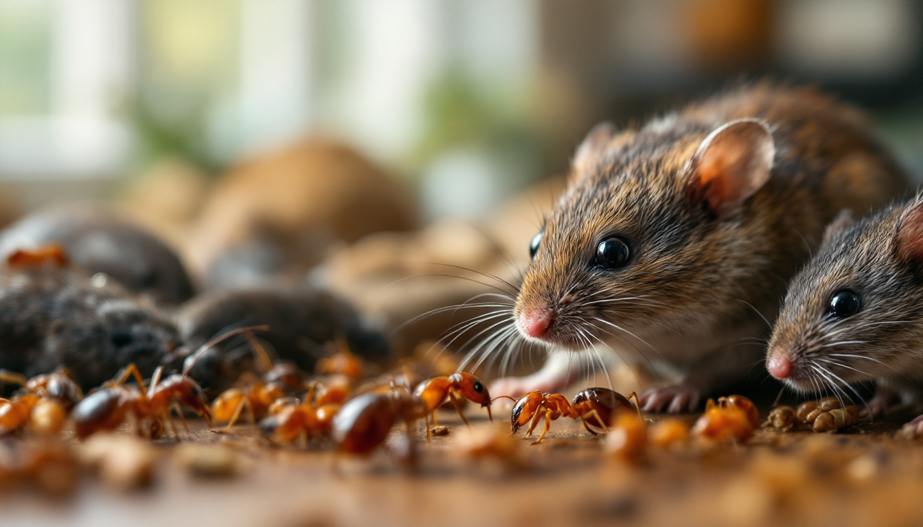 Close-up of two mice surrounded by ants and food debris on a surface indoors