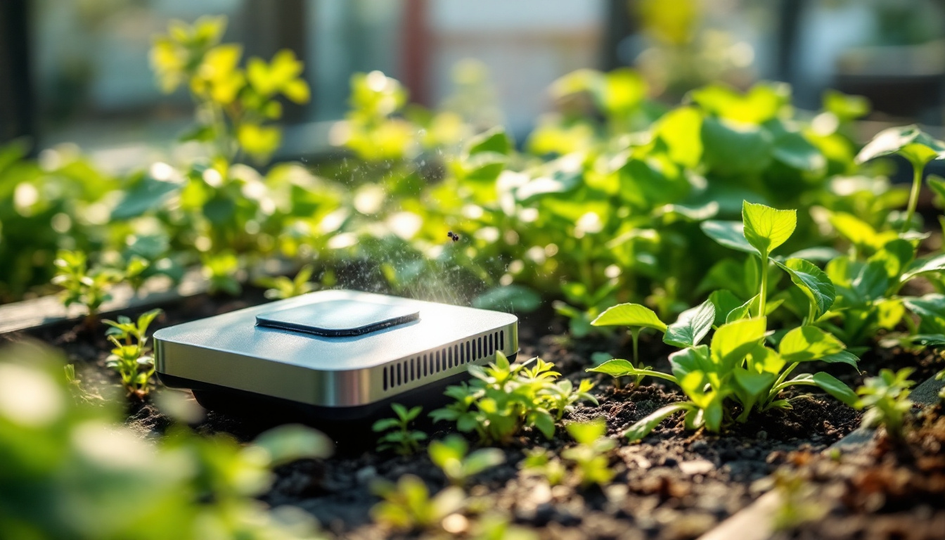 Compact metallic gadget releasing a faint mist while sitting among young vegetable seedlings in a garden bed.