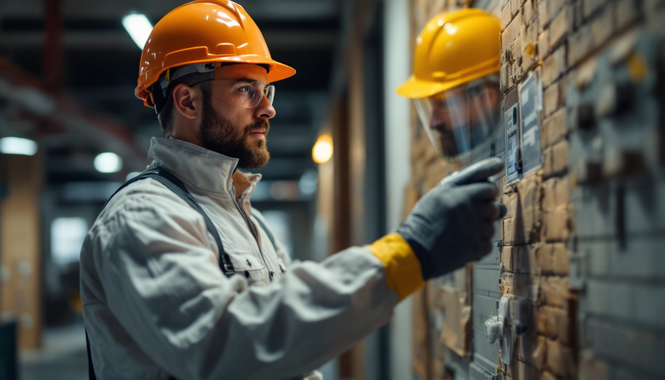 Construction worker in a hard hat and safety glasses using a scanner on an industrial brick wall
