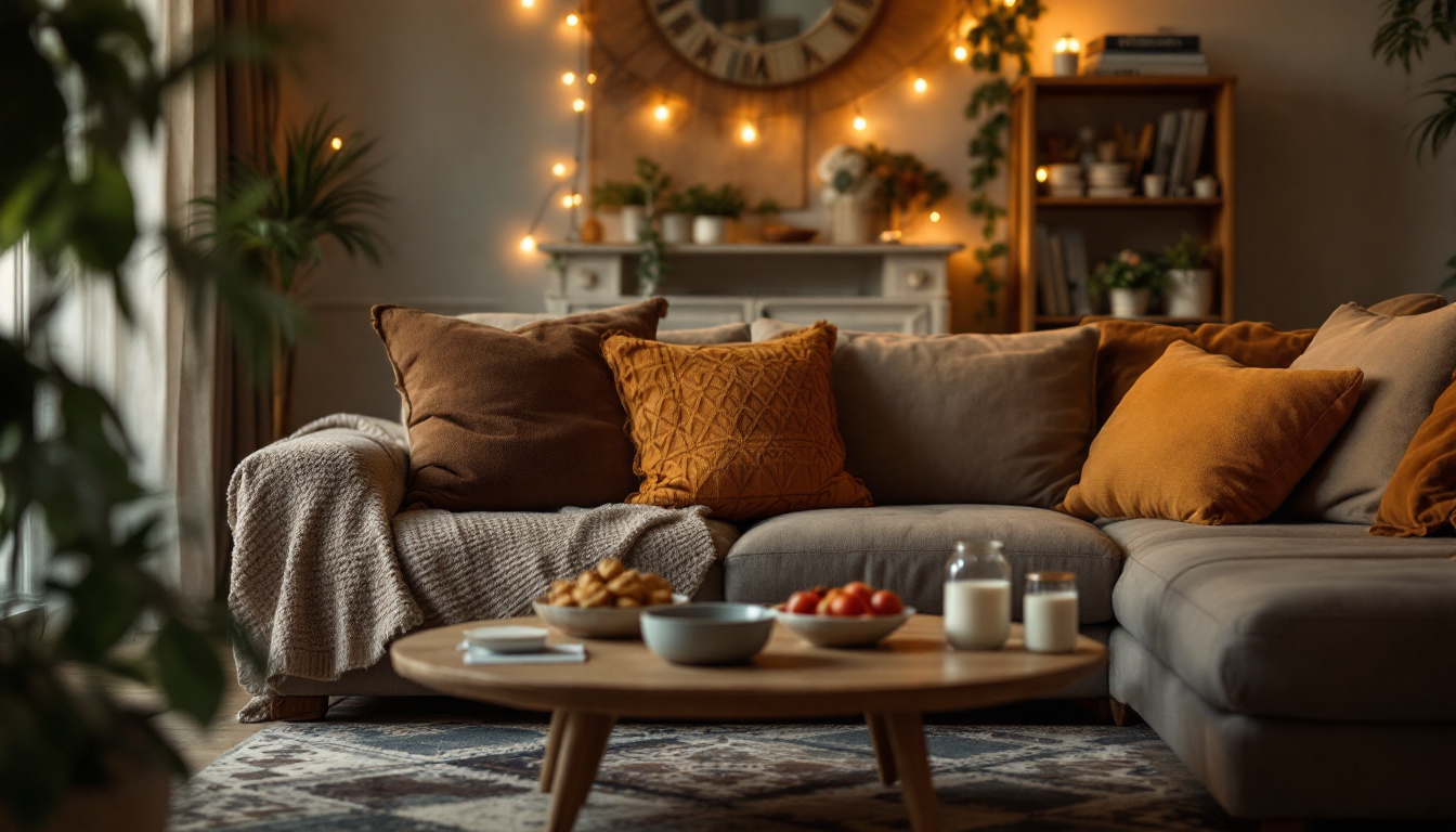 Cozy living room with a gray sectional, warm amber pillows, and twinkling string lights, snacks set on a round wood coffee table