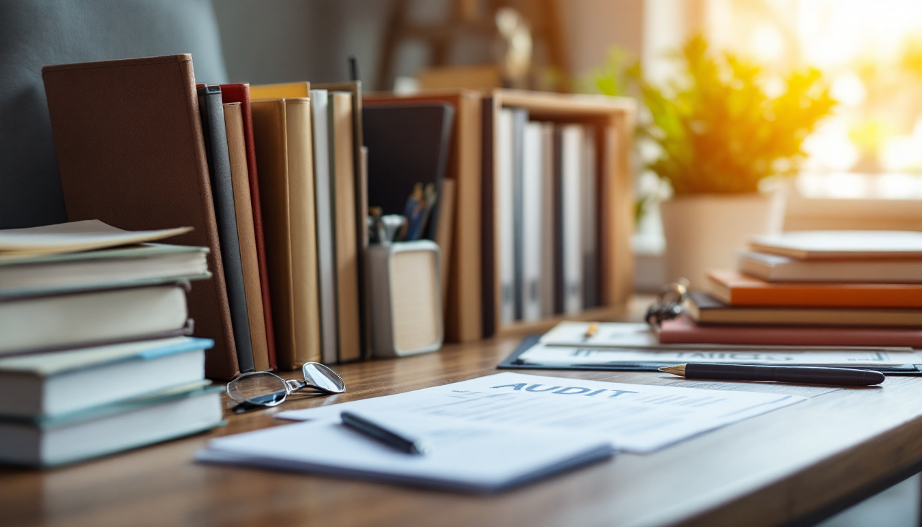 Desk with books, papers, and an audit report under warm sunlight.