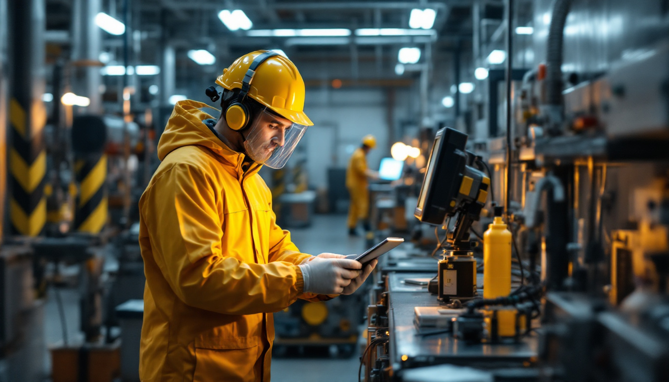 Factory worker in yellow safety gear and hard hat reviewing data on a tablet next to machinery along an industrial production line